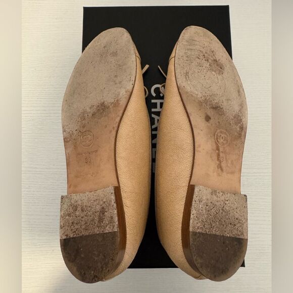 Chanel Pebbled Leather Tan Beige CC Classic Ballet Flats EU 36 US 6 Authentic - Picture 9 of 11